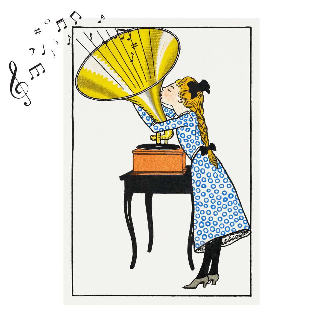 a girl in a blue and white polka-dot dress kisses a gramaphone